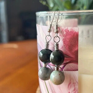 Handmade 10mm two-tone Indian agate wire wrapped dangle earrings ✨